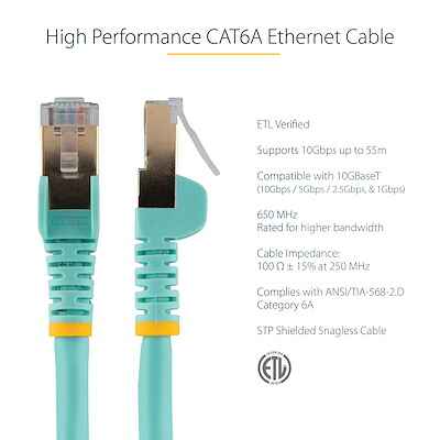 12ft CAT6a Ethernet Cable - 10 Gigabit Shielded Snagless RJ45 100W PoE Patch Cord - 10GbE STP Network Cable w/Strain Relief - Aqua Fluke Tested/Wiring is UL Certified/TIA - Image 2