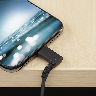 3ft (1m) Durable USB A to Lightning Cable - Black 90° Right Angled Heavy Duty Rugged Aramid Fiber USB Type A to Lightning Charging/Sync Cord - Apple MFi Certified - iPhone - Image 4